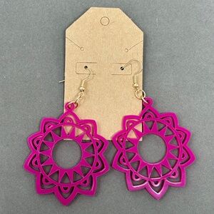 Handmade Fuchsia Pink Acrylic Earrings Laser Cut Gold Tone Hook Medallion Dangle